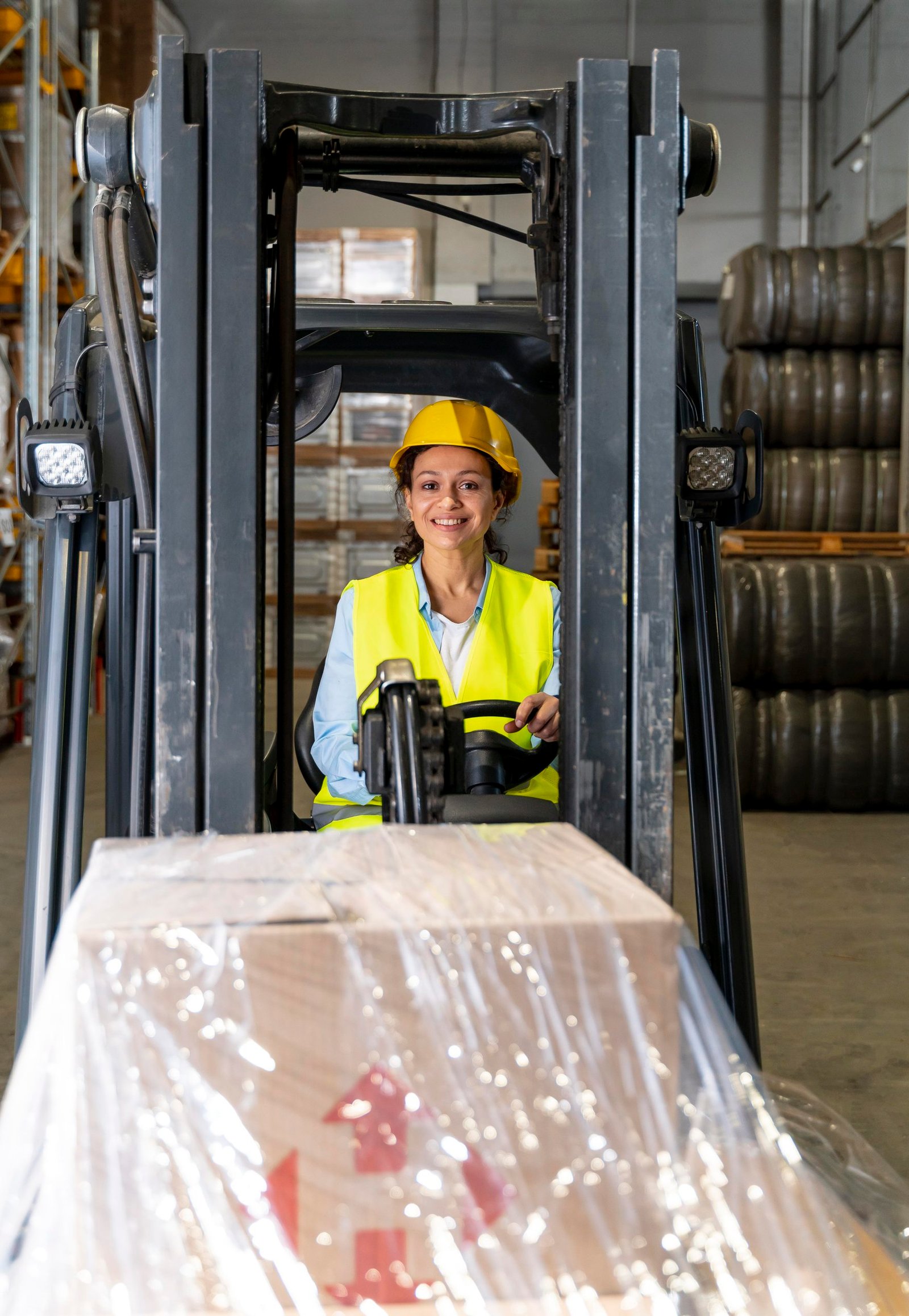 woman driving warehouse loading machine